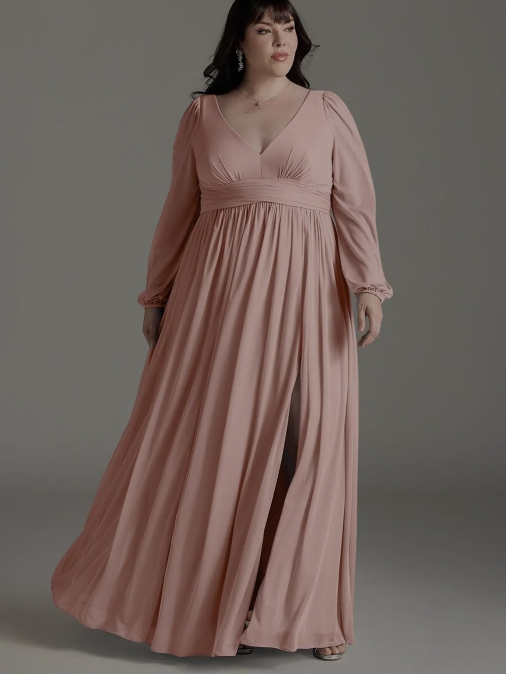 AZAZIE - Elegant Dusty Rose V-Neck Long Sleeve Maxi Dress